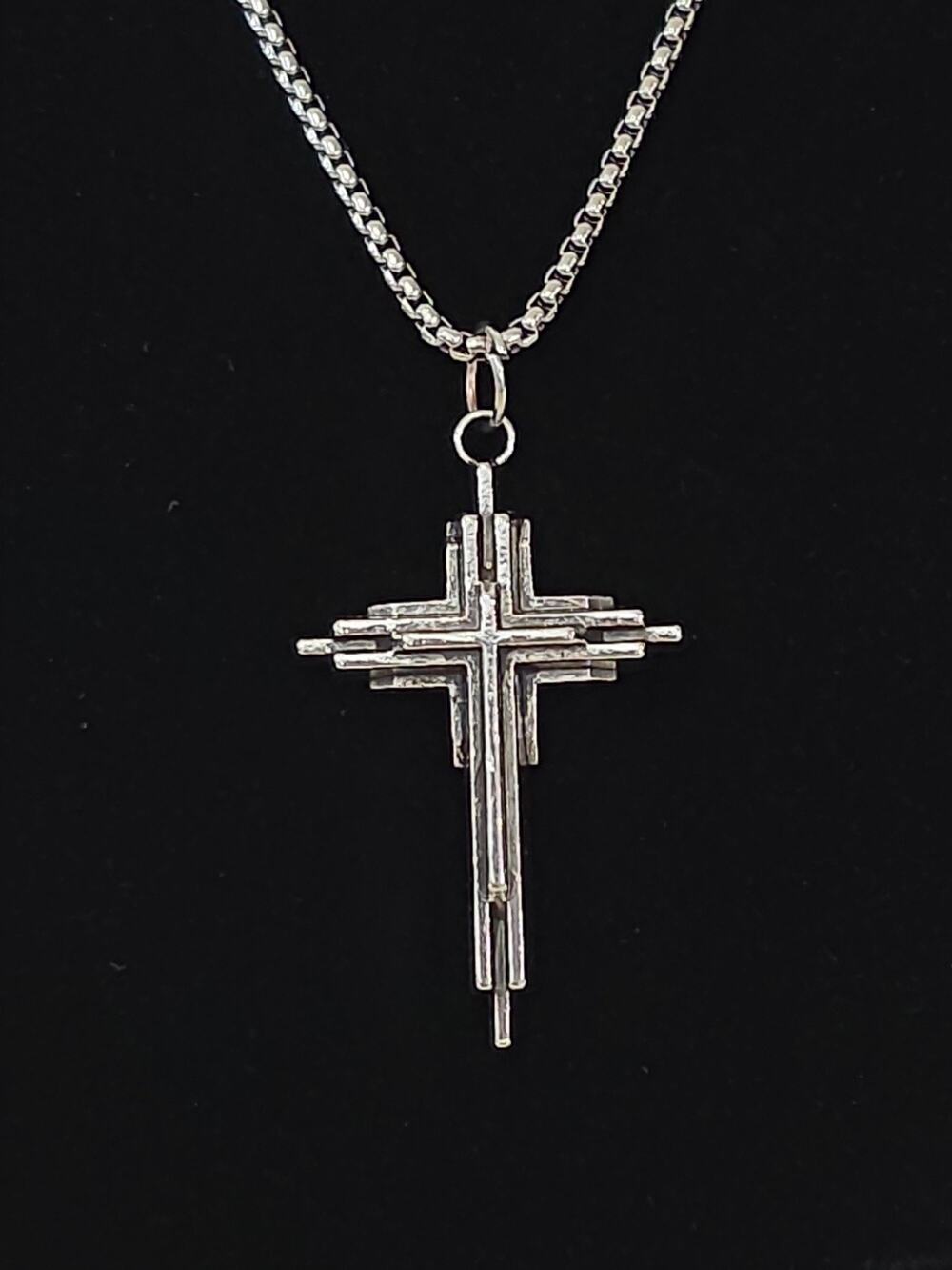 Cross Pendant Necklace Multilayed Architectural Design Silver Tone Box Chain